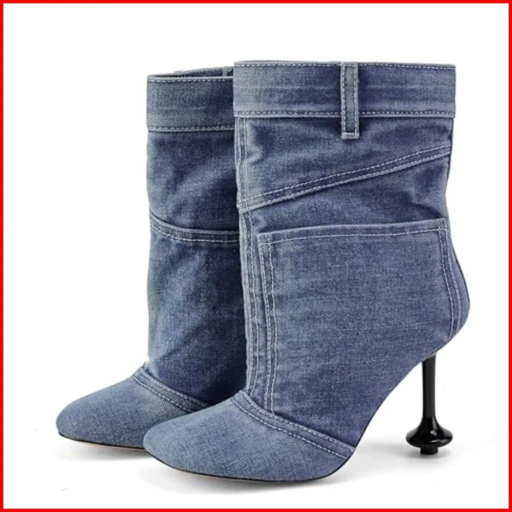 Vintage Denim Stiletto Heel Cowboy Boots with Pockets, Mid Calf - Picture 5 of 7